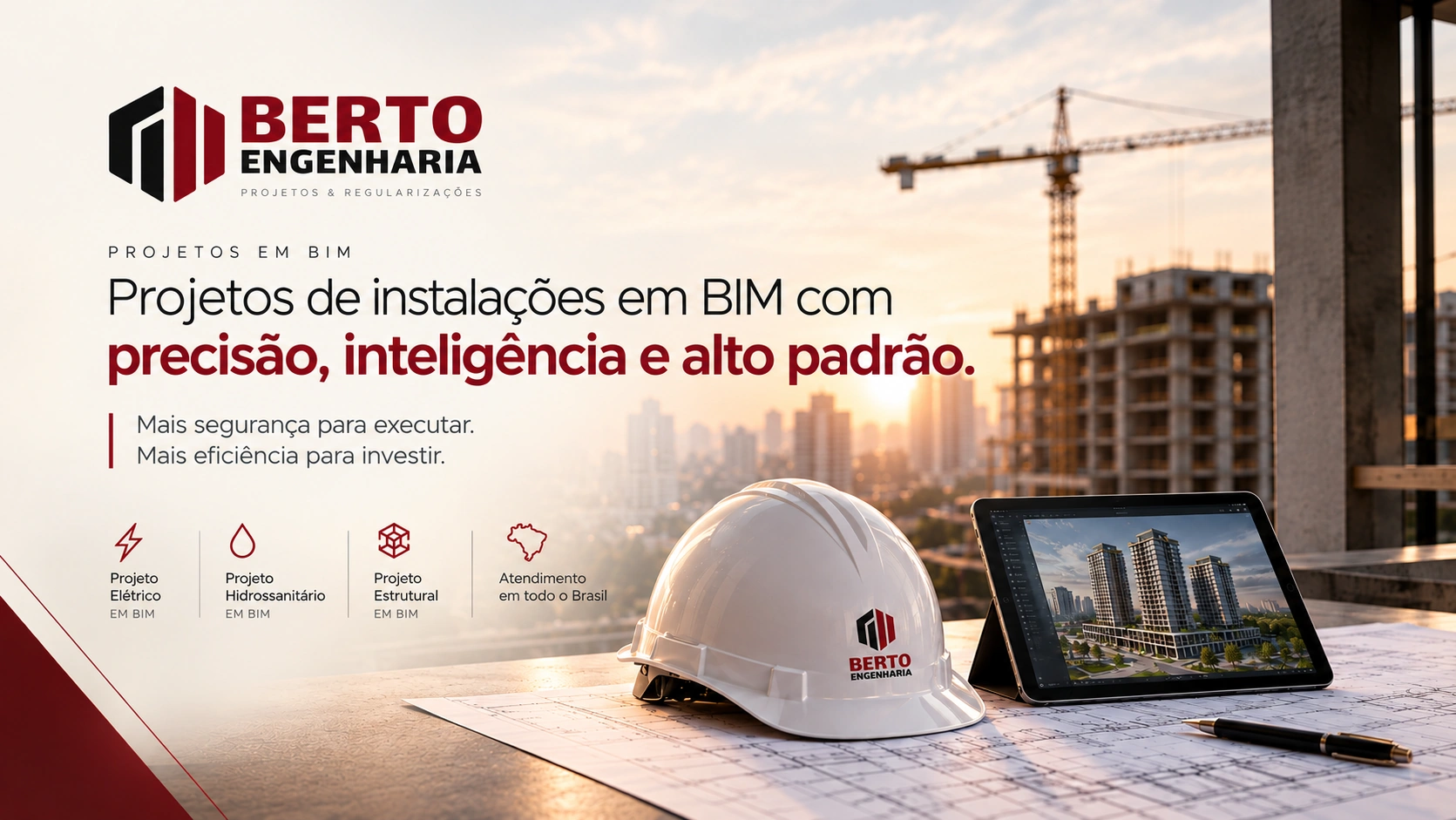 BERTO Engenharia — Projetos & Regularizações: projetos de instalações em BIM com capacete, plantas e tablet diante de uma obra em construção